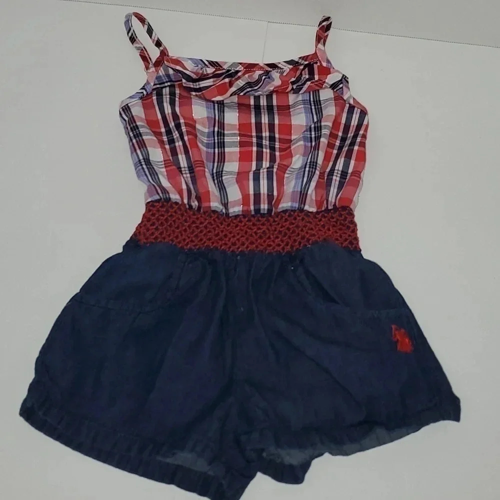 U.S. Polo Assn. Kids Plaid Romper with Navy Shorts